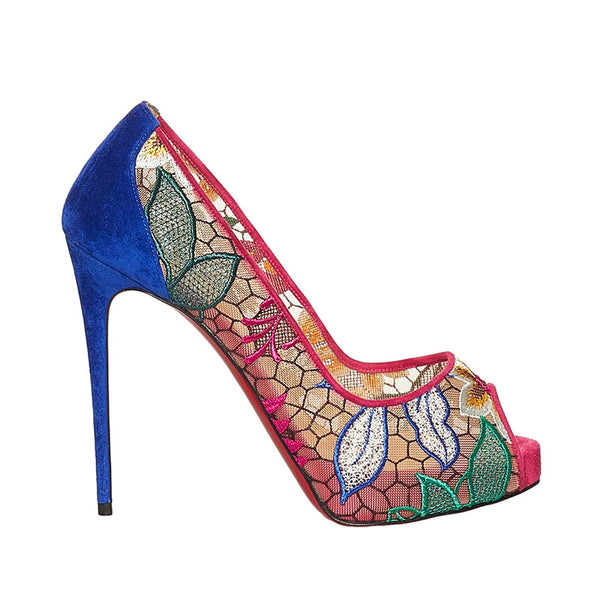 クリスチャンルブタン チュール レース 花柄 オープントゥ ピンヒール パンプス ピンク ブルー スウェード レディース Christian Louboutin 【中古】