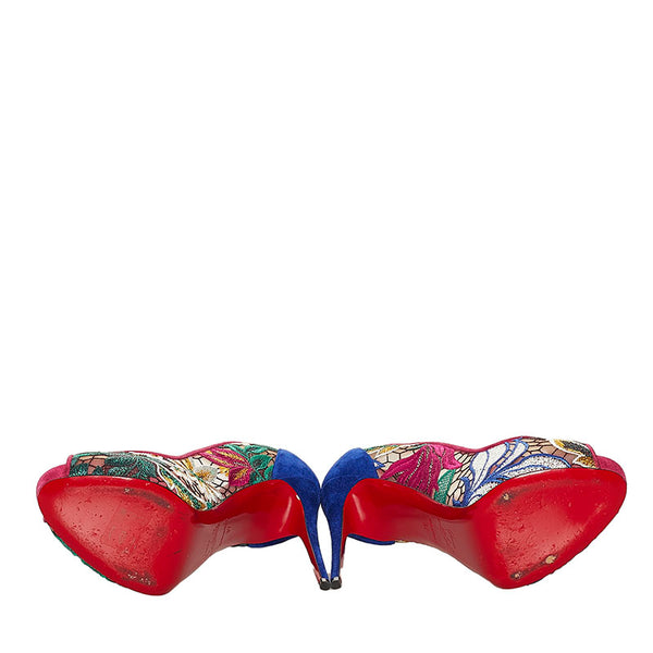 クリスチャンルブタン チュール レース 花柄 オープントゥ ピンヒール パンプス ピンク ブルー スウェード レディース Christian Louboutin 【中古】