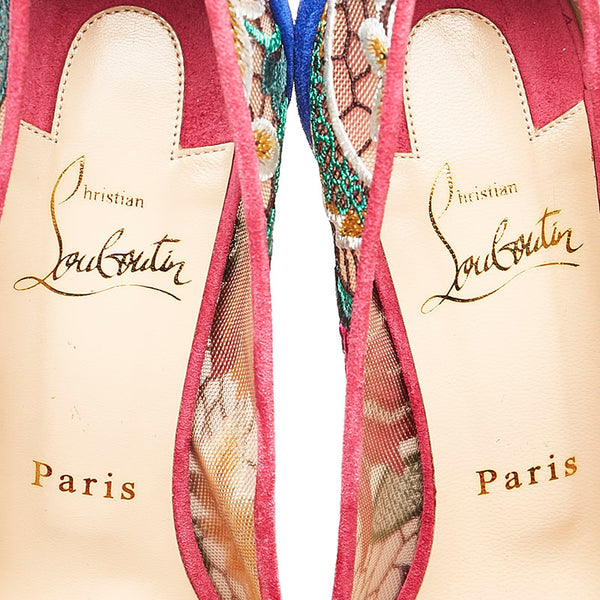 クリスチャンルブタン チュール レース 花柄 オープントゥ ピンヒール パンプス ピンク ブルー スウェード レディース Christian Louboutin 【中古】