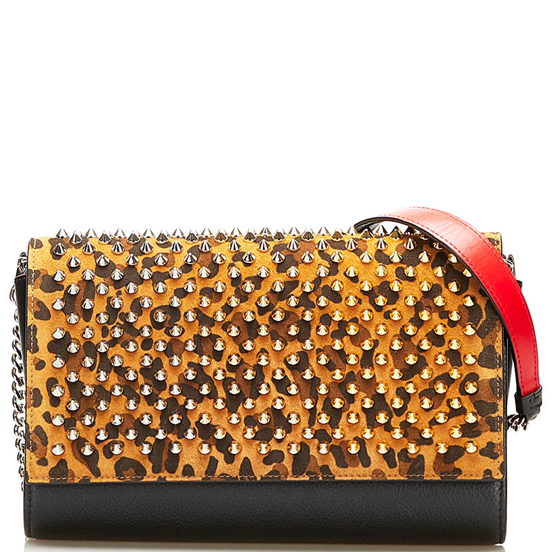 クリスチャンルブタン レオパード 豹 スタッズ チェーン ショルダーバッグ クラッチバッグ 2WAY イエロー ブラック レッド スウェード レザー レディース Christian Louboutin 【中古】