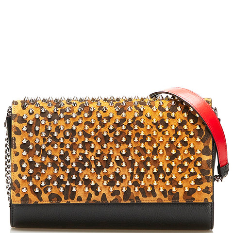 クリスチャンルブタン レオパード 豹 スタッズ チェーン ショルダーバッグ クラッチバッグ 2WAY イエロー ブラック レッド スウェード レザー レディース Christian Louboutin 【中古】
