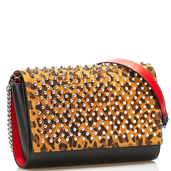 クリスチャンルブタン レオパード 豹 スタッズ チェーン ショルダーバッグ クラッチバッグ 2WAY イエロー ブラック レッド スウェード レザー レディース Christian Louboutin 【中古】