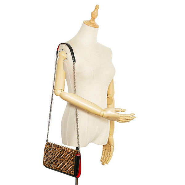 クリスチャンルブタン レオパード 豹 スタッズ チェーン ショルダーバッグ クラッチバッグ 2WAY イエロー ブラック レッド スウェード レザー レディース Christian Louboutin 【中古】