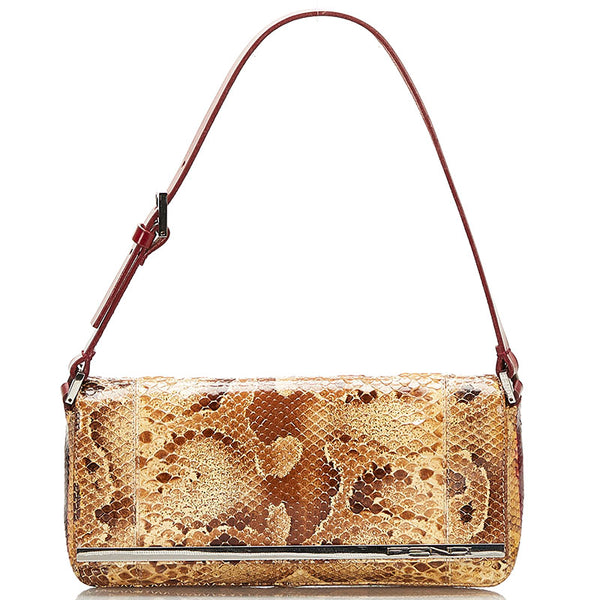 フェンディ パイソン 蛇 マンマバケット ハンドバッグ ワンショルダーバッグ ベージュ ワインレッド レザー レディース FENDI 【中古】