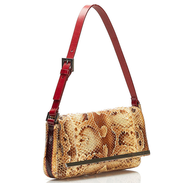 フェンディ パイソン 蛇 マンマバケット ハンドバッグ ワンショルダーバッグ ベージュ ワインレッド レザー レディース FENDI 【中古】