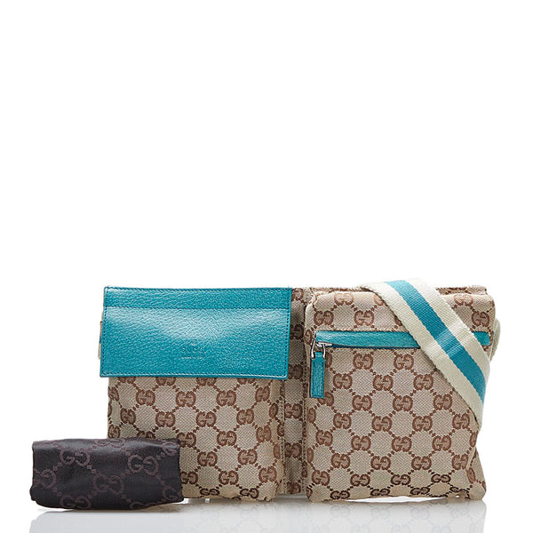 グッチ GGキャンバス ウエストバッグ ボディバック 200047 ベージュ ブルー キャンバス レザー レディース GUCCI 【中古】