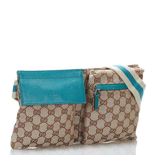 グッチ GGキャンバス ウエストバッグ ボディバック 200047 ベージュ ブルー キャンバス レザー レディース GUCCI 【中古】