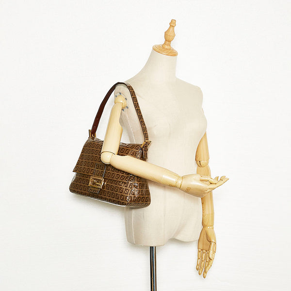フェンディ ズッキーノ マンマバケット ワンショルダーバッグ ハンドバッグ ブラウン エナメル レディース FENDI 【中古】