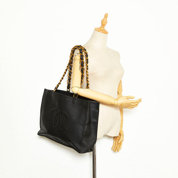 シャネル ココマーク チェーン トートバッグ ブラック ゴールド レザー レディース CHANEL 【中古】