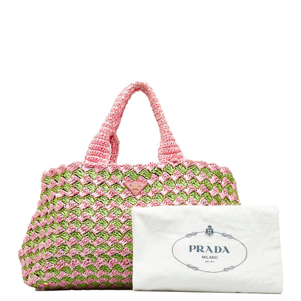 プラダ カナパ ラフィア クロケット ハンドバッグ トートバッグ かごバッグ BN2302 ピンク グリーン ラフィア レディース PRADA 【中古】