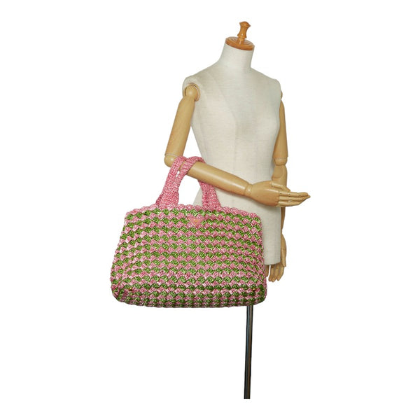 プラダ カナパ ラフィア クロケット ハンドバッグ トートバッグ かごバッグ BN2302 ピンク グリーン ラフィア レディース PRADA 【中古】