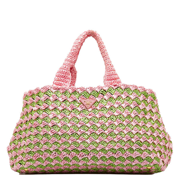 プラダ カナパ ラフィア クロケット ハンドバッグ トートバッグ かごバッグ BN2302 ピンク グリーン ラフィア レディース PRADA 【中古】
