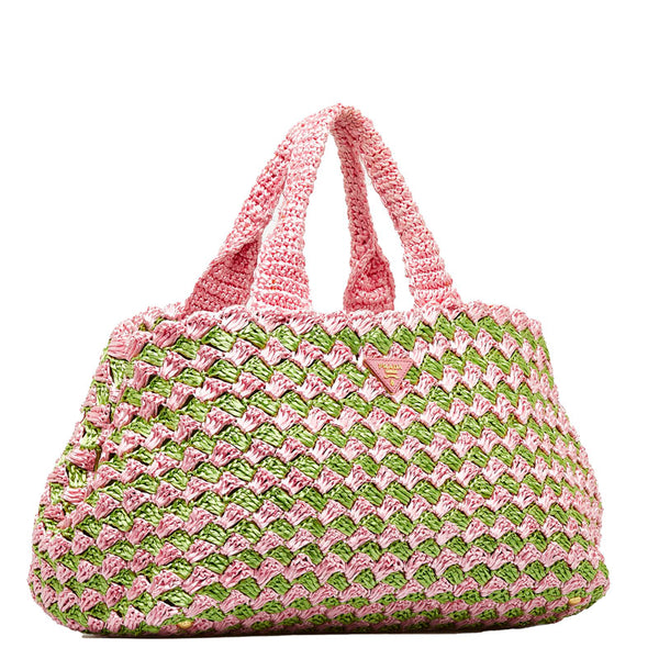 プラダ カナパ ラフィア クロケット ハンドバッグ トートバッグ かごバッグ BN2302 ピンク グリーン ラフィア レディース PRADA 【中古】