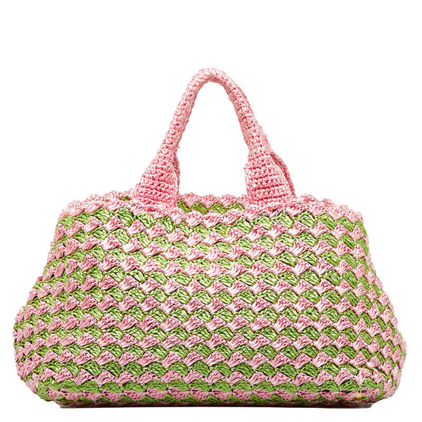 プラダ カナパ ラフィア クロケット ハンドバッグ トートバッグ かごバッグ BN2302 ピンク グリーン ラフィア レディース PRADA 【中古】