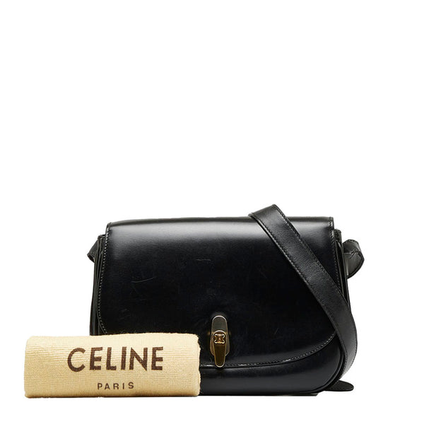 セリーヌ ロゴ 金具 ターンロック 斜め掛け ショルダーバッグ ブラック レザー レディース CELINE 【中古】