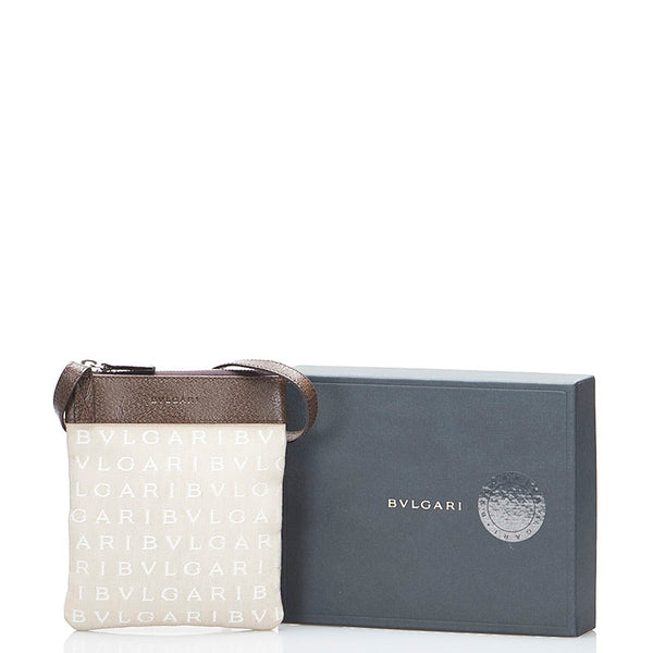 ブルガリ ロゴマニア 斜め掛け ショルダーバッグ ベージュ ブラウン キャンバス レザー レディース BVLGARI 【中古】