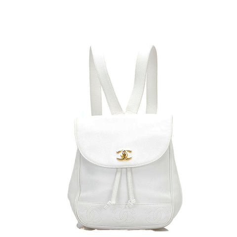 シャネル トリプル ココマーク リュック バックパック ホワイト キャビアスキン レディース CHANEL 【中古】