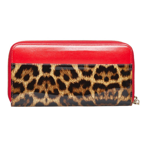 クリスチャンルブタン レオパード ラウンドファスナー 長財布 レッド レザー エナメル レディース Christian Louboutin 【中古】