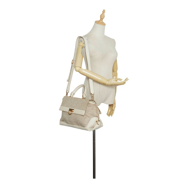 サルヴァトーレフェラガモ ガンチーニ ソフィア ハンドバッグ ショルダーバッグ 2WAY FZ-21 ベージュ ホワイト キャンバス レザー レディース Salvatore Ferragamo 【中古】