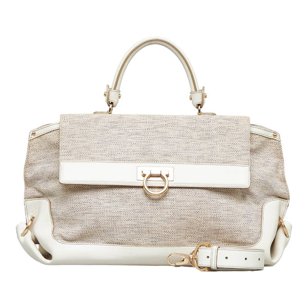サルヴァトーレフェラガモ ガンチーニ ソフィア ハンドバッグ ショルダーバッグ 2WAY FZ-21 ベージュ ホワイト キャンバス レザー レディース Salvatore Ferragamo 【中古】