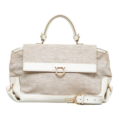 サルヴァトーレフェラガモ ガンチーニ ソフィア ハンドバッグ ショルダーバッグ 2WAY FZ-21 ベージュ ホワイト キャンバス レザー レディース Salvatore Ferragamo 【中古】