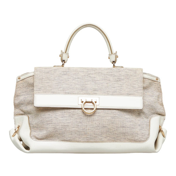 サルヴァトーレフェラガモ ガンチーニ ソフィア ハンドバッグ ショルダーバッグ 2WAY FZ-21 ベージュ ホワイト キャンバス レザー レディース Salvatore Ferragamo 【中古】