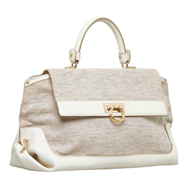 サルヴァトーレフェラガモ ガンチーニ ソフィア ハンドバッグ ショルダーバッグ 2WAY FZ-21 ベージュ ホワイト キャンバス レザー レディース Salvatore Ferragamo 【中古】
