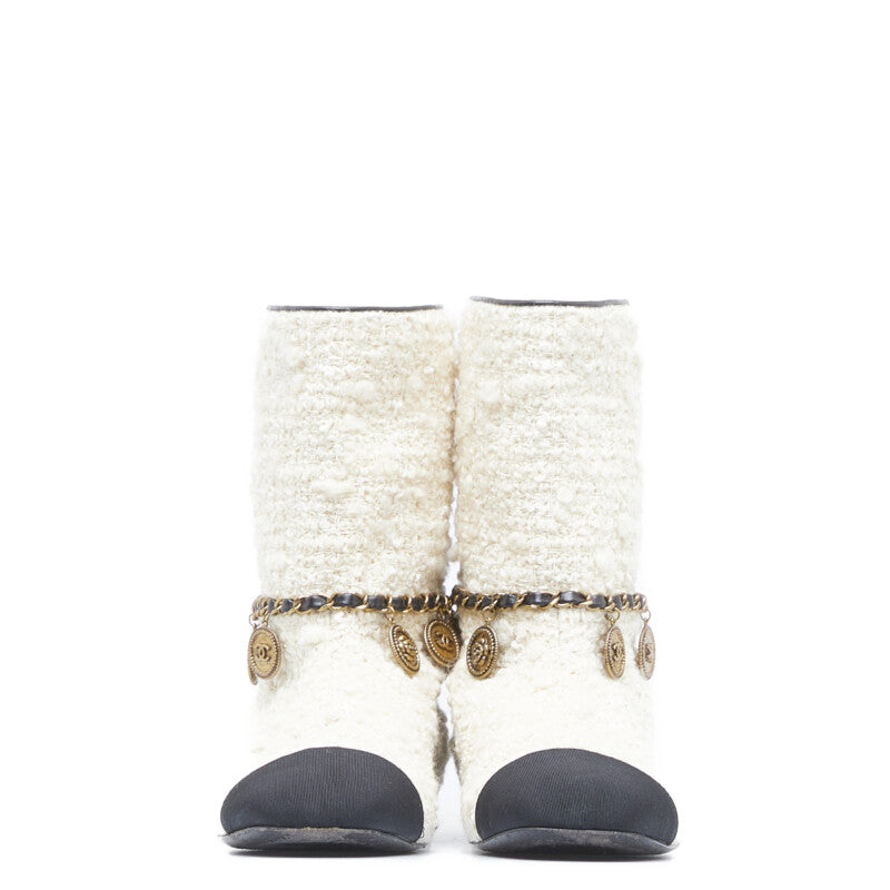 シャネル ツイード ココマーク カメリア チャーム ショートブーツ ホワイト ブラック ウール ナイロン レディース CHANEL 【中古】