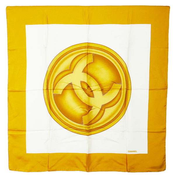 シャネル ココマーク ココボタン スカーフ イエロー ホワイト シルク レディース CHANEL 【中古】