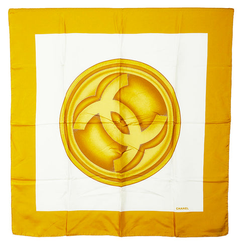 シャネル ココマーク ココボタン スカーフ イエロー ホワイト シルク レディース CHANEL 【中古】