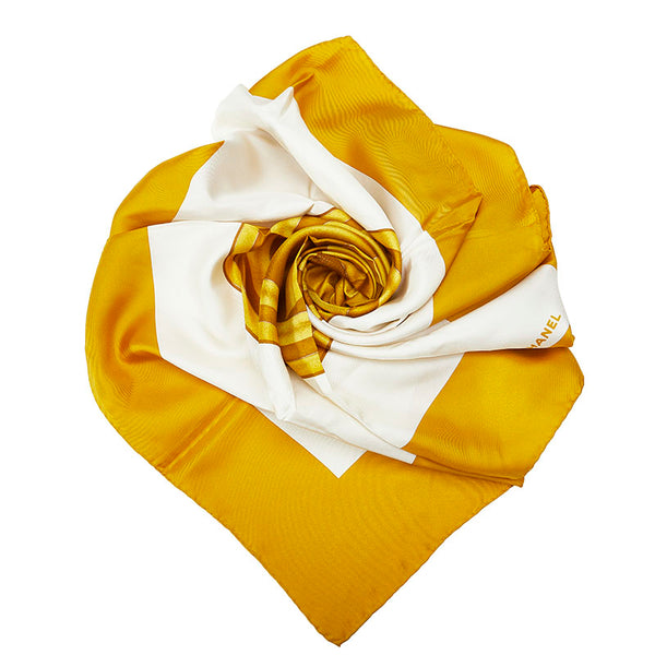 シャネル ココマーク ココボタン スカーフ イエロー ホワイト シルク レディース CHANEL 【中古】