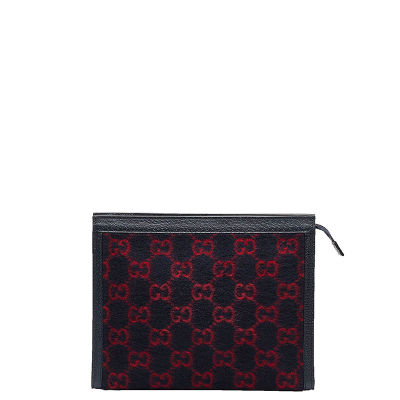 グッチ GGウールポーチ クラッチバッグ セカンドバッグ 597634 ネイビー レッド ウール レザー レディース GUCCI 【中古】