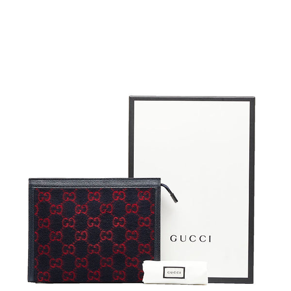 グッチ GGウールポーチ クラッチバッグ セカンドバッグ 597634 ネイビー レッド ウール レザー レディース GUCCI 【中古】