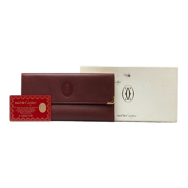 カルティエ マスト インターナショナル ウォレット 長財布 ボルドー ワインレッド レザー レディース CARTIER 【中古】