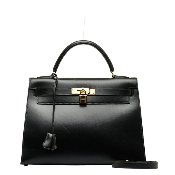 エルメス ケリー32 外縫い ハンドバッグ ショルダーバッグ 2WAY ブラック ボックスカーフ レディース HERMES 【中古】