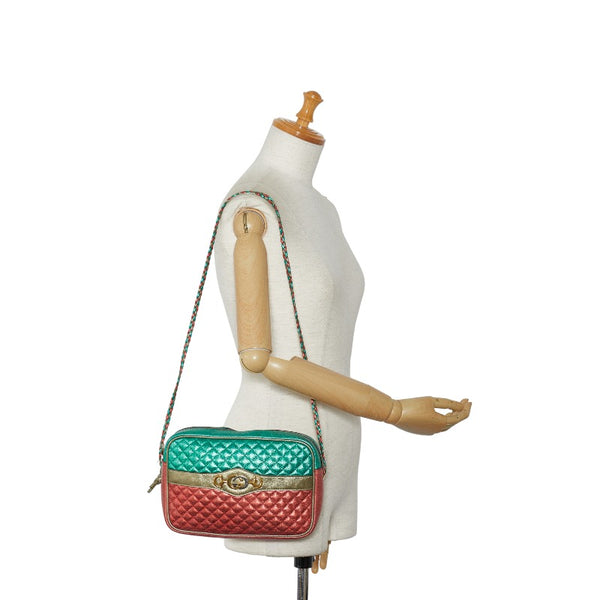 グッチ トラプンタータ ラミネートキルティング ホースビット インターロッキングG 斜め掛け ショルダーバッグ 541061 ピンク グリーン レザー レディース GUCCI 【中古】