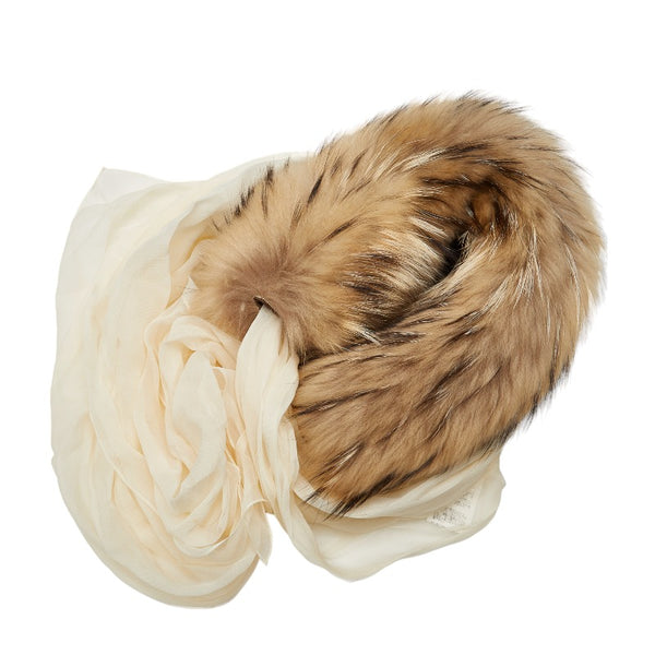 エルメス ファー マフラー アイボリー ブラウン ラクーン シルク レディース HERMES 【中古】