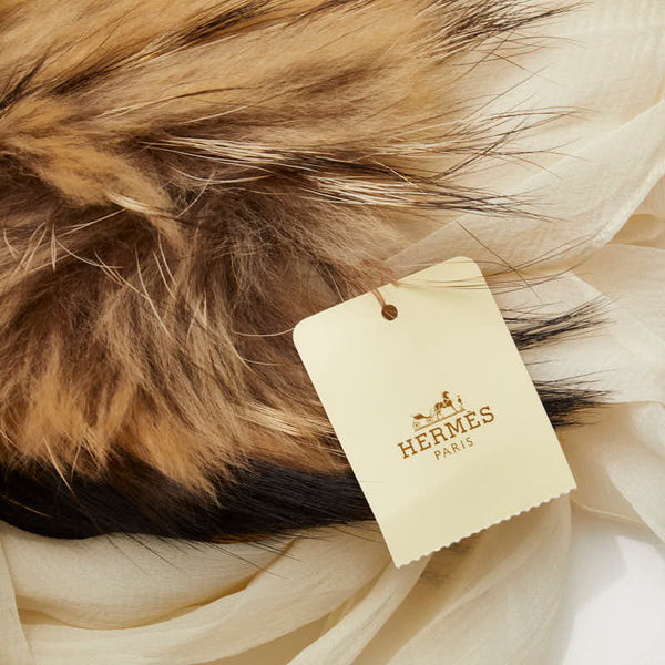 エルメス ファー マフラー アイボリー ブラウン ラクーン シルク レディース HERMES 【中古】