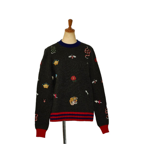 グッチ エンブロイダリー セーター ニット グレー マルチカラー ウール メンズ GUCCI 【中古】