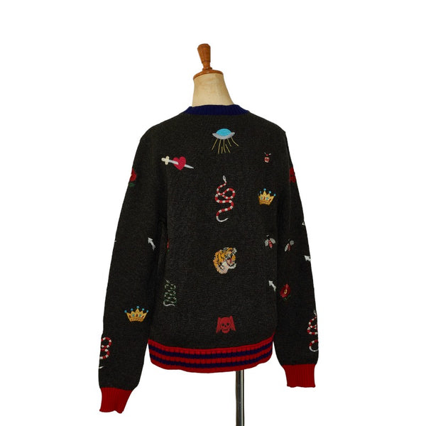 グッチ エンブロイダリー セーター ニット グレー マルチカラー ウール メンズ GUCCI 【中古】
