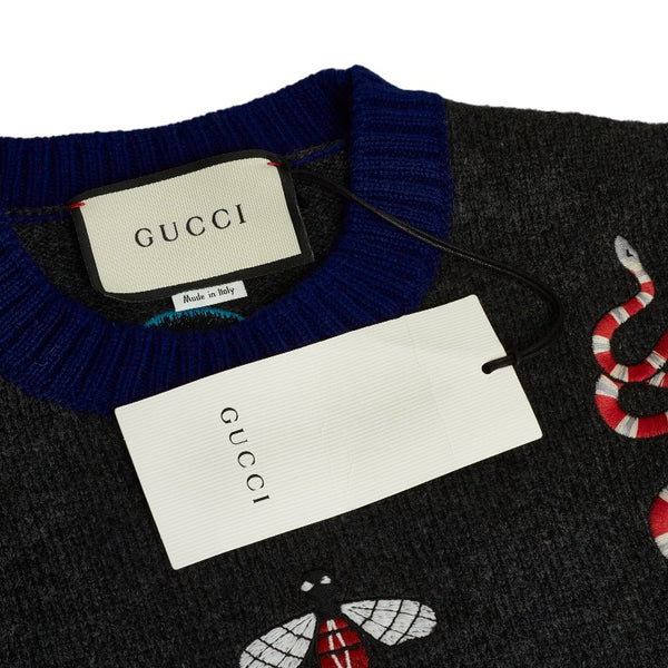 グッチ エンブロイダリー セーター ニット グレー マルチカラー ウール メンズ GUCCI 【中古】