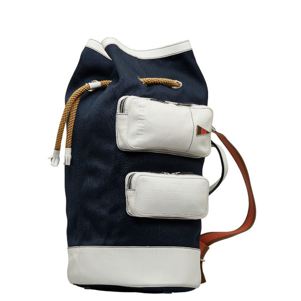 ロエベ ロゴ フリンジ 巾着 ショルダーバッグ ハンドバッグ 2WAY ネイビー ホワイト キャンバス レザー レディース LOEWE 【中古】