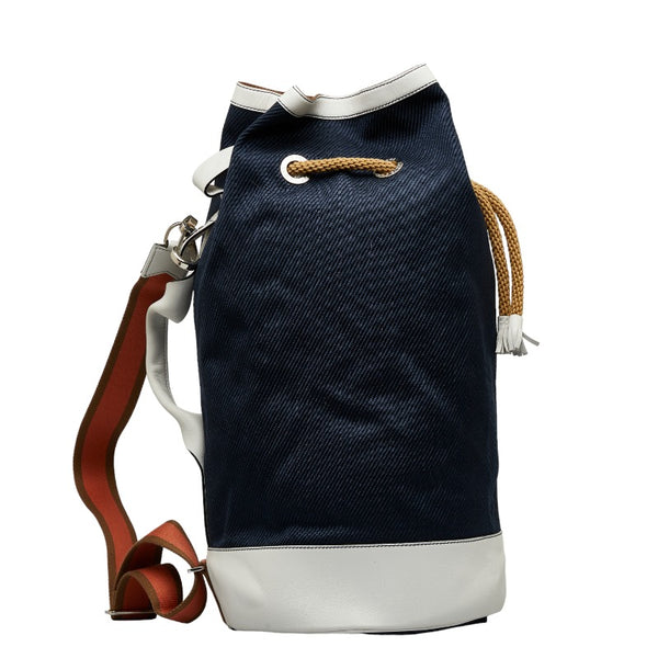 ロエベ ロゴ フリンジ 巾着 ショルダーバッグ ハンドバッグ 2WAY ネイビー ホワイト キャンバス レザー レディース LOEWE 【中古】