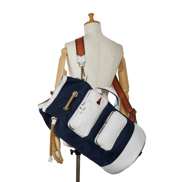 ロエベ ロゴ フリンジ 巾着 ショルダーバッグ ハンドバッグ 2WAY ネイビー ホワイト キャンバス レザー レディース LOEWE 【中古】