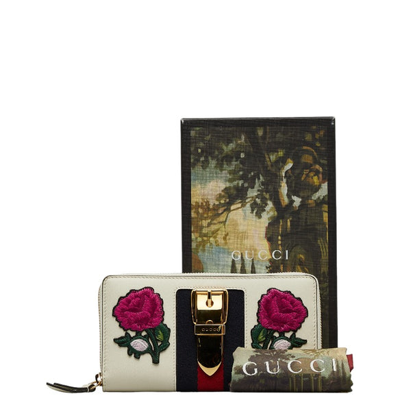 グッチ シルヴィ エンブロイダリー ラウンドファスナー 長財布 476083 ホワイト マルチカラー レザー レディース GUCCI 【中古】