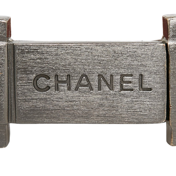 シャネル ロゴプレート バングル ブレスレット ダークブラウン レザー メタル レディース CHANEL 【中古】