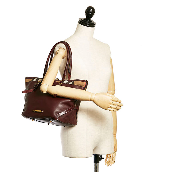 バーバリー ノバチェック ショルダーバッグ トートバッグ ワインレッド ベージュ レザー キャンバス レディース BURBERRY 【中古】