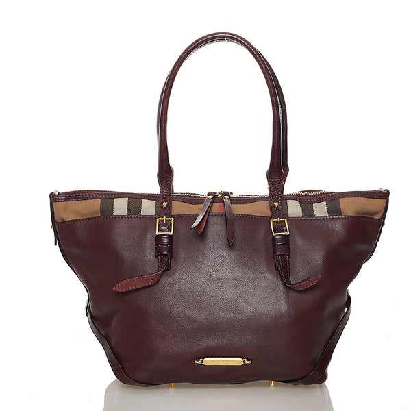 バーバリー ノバチェック ショルダーバッグ トートバッグ ワインレッド ベージュ レザー キャンバス レディース BURBERRY 【中古】