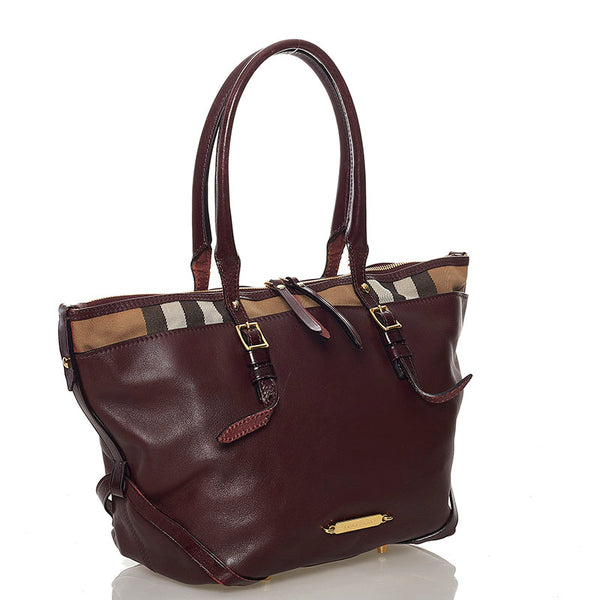 バーバリー ノバチェック ショルダーバッグ トートバッグ ワインレッド ベージュ レザー キャンバス レディース BURBERRY 【中古】