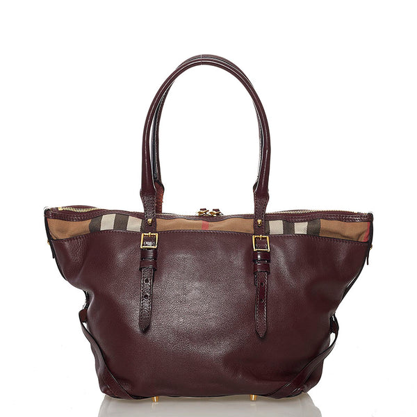 バーバリー ノバチェック ショルダーバッグ トートバッグ ワインレッド ベージュ レザー キャンバス レディース BURBERRY 【中古】